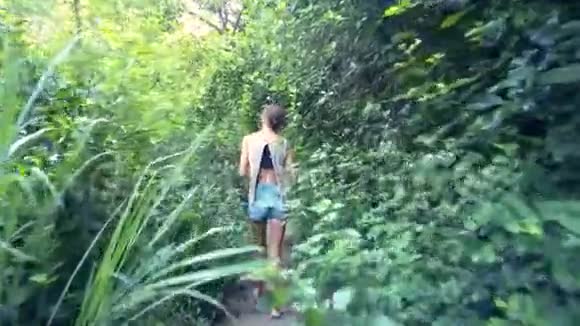 从背面看女人沿着丛林漫步视频的预览图