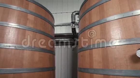 酒厂大厅有巨大的垂直葡萄酒橡木木桶在那里葡萄发酵视频的预览图