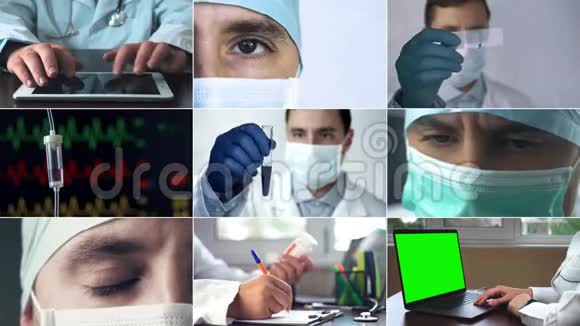 医疗卫生专业人员使用技术蒙太奇和在医院看病人视频的预览图