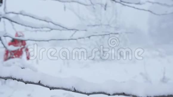 在白雪覆盖的森林里行走的男性旅行者视频的预览图