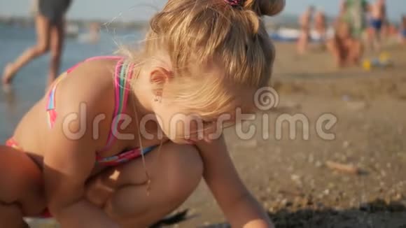 快乐的小女孩享受暑假收集贝壳女孩手里拿着贝壳视频的预览图