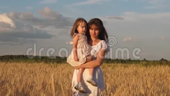妈妈和小女儿走在一片成熟的小麦上快乐的母亲带着婴儿在田里散步幸福家庭视频的预览图