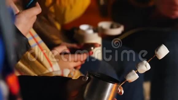 一群朋友坐在冬日森林的炉火旁喝着热饮吃着棉花糖视频的预览图