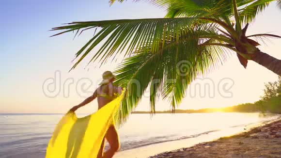 跟随我的概念年轻的女人跑在热带异国海滩暑假视频的预览图