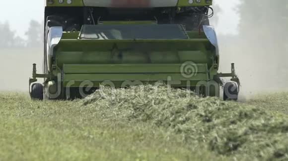 联合收割机在夏季白天在田间清空草药视频的预览图