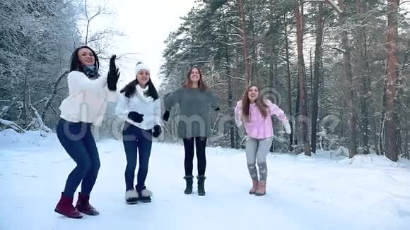 四个女朋友在寒冷的雪林里散步视频的预览图