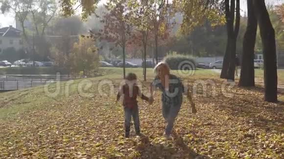 女人和5岁的男孩在秋天落叶中奔跑母亲和儿子享受秋天视频的预览图
