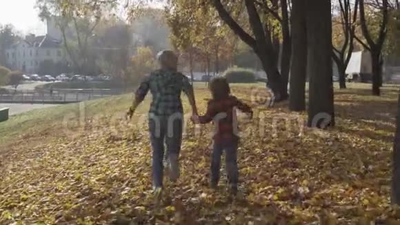 女人和5岁的男孩在秋天落叶中奔跑母亲和儿子享受秋天视频的预览图