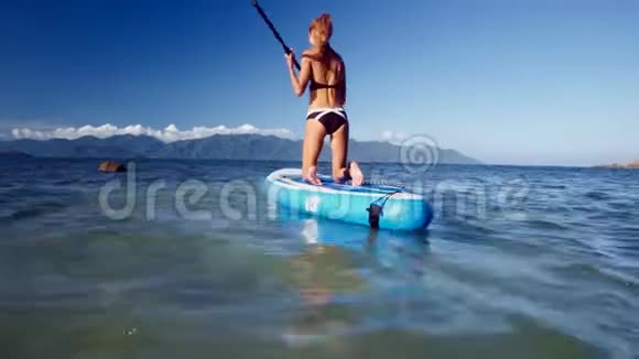 穿比基尼的金发女孩在蔚蓝的海洋上冲浪板视频的预览图