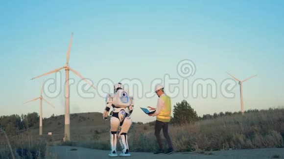 一个像人一样的机器人和一个男操作工正沿着风车行走视频的预览图