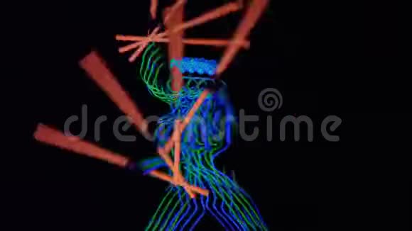 女人在黑暗中跳舞手里拿着发光的棍子穿着紫外线服装视频的预览图