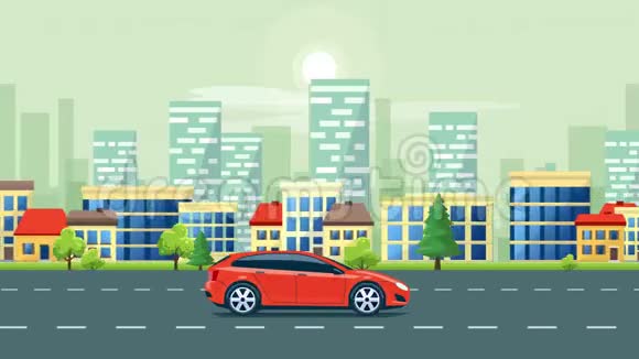 城市景观动画与汽车在道路和城市天际线背景视频的预览图