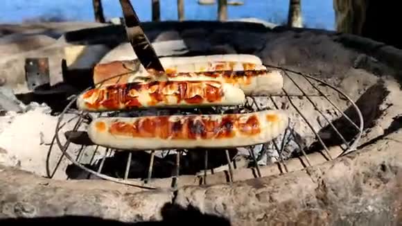 在一个美丽的阳光明媚的夏日用木炭加热的混凝土烤箱烤白香肠庆祝夏天视频的预览图