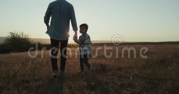 令人惊叹的日落小三岁男孩牵着爸爸的手走过阳光美丽的景色视频的预览图