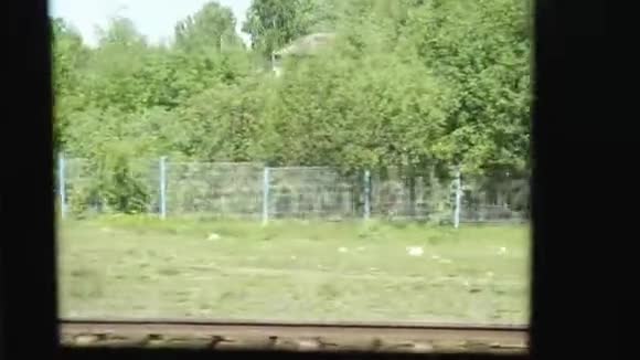 茂密的森林和栅栏预示着野生动物要上铁路从移动列车的窗口查看视频的预览图