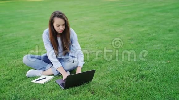 在科利奇校园里在笔记本电脑上工作的女学生自由工作视频的预览图