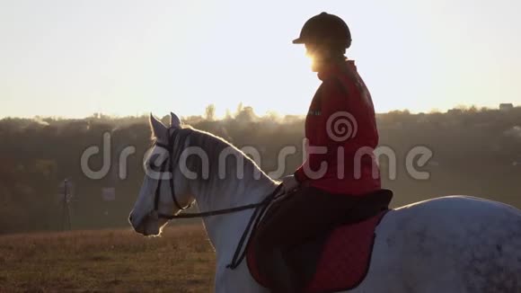 女孩骑着一匹马在田野的中央在一片风景中慢动作侧视图视频的预览图