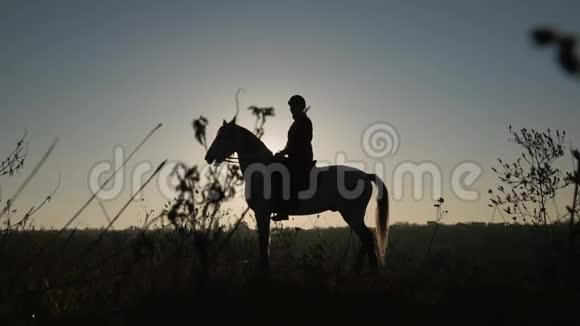 背景夕阳下一个女人骑马的剪影慢动作侧视图视频的预览图