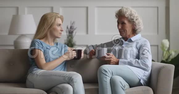 幸福的两代女人家庭聊天坐在沙发上视频的预览图