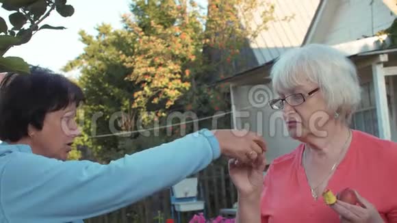 两个年长的女人在夏天的花园里咬着新鲜的苹果视频的预览图