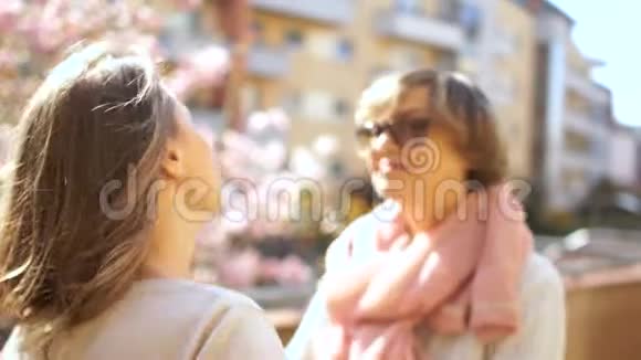 女儿祝贺母亲退休母亲节在一朵花的背景下拥抱一位老年妇女视频的预览图