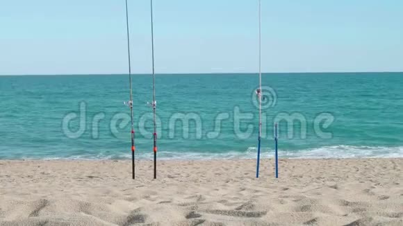 卡拉拉沙滩上的一排钓鱼钉阳光明媚的春天下午视频的预览图