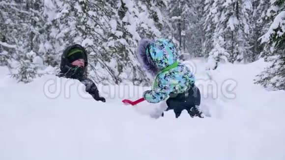 公园里的孩子们玩雪第一场雪带来的欢笑和喜悦下雪了在清新的空气中行走健康健康视频的预览图