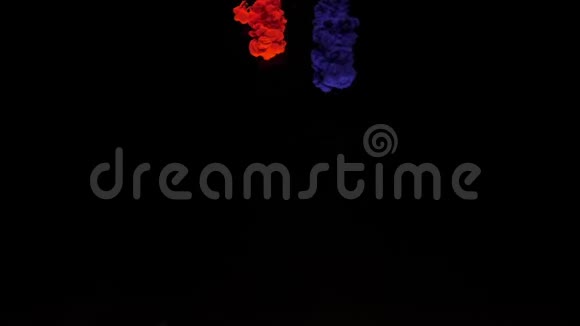 五颜六色的红色和蓝色墨水从上面混合在水中轻轻地在黑色背景下旋转视频的预览图