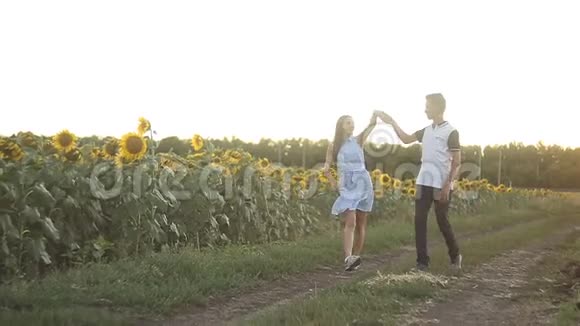 一对相爱的年轻夫妇在日落时分在向日葵的田野里跳舞视频的预览图