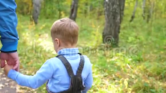 一位年轻的父亲和他的孩子在秋天公园散步父亲牵着儿子手秋景视频的预览图