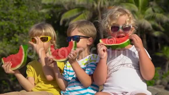 一群坐在热带海滩上吃西瓜的孩子童年概念夏季概念视频的预览图