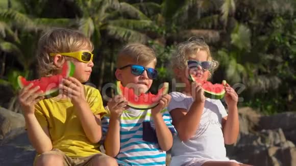 一群坐在热带海滩上吃西瓜的孩子童年概念夏季概念视频的预览图