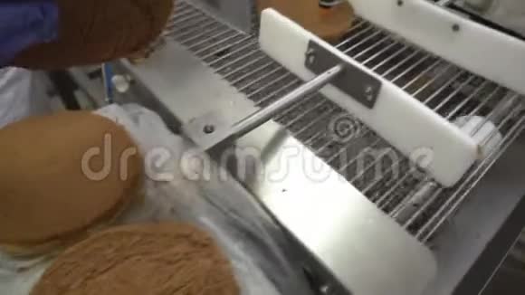 饼干或海绵蛋糕用糖浆浸泡在自动输送机上手工制作糖果甜点面粉视频的预览图