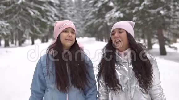 冬天两个穿着冬装戴着帽子的女朋友正在树林里散步心情很好视频的预览图