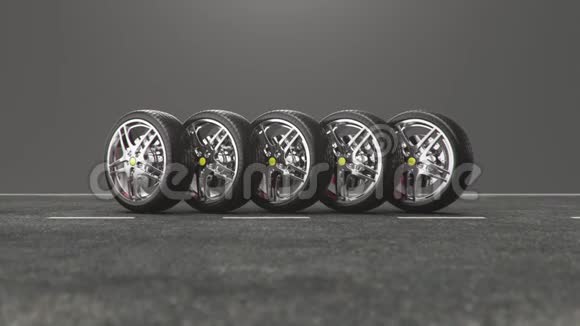 背景路上的汽车轮胎冬季轮胎概念更换车轮道路安全概念4k三维动画视频的预览图