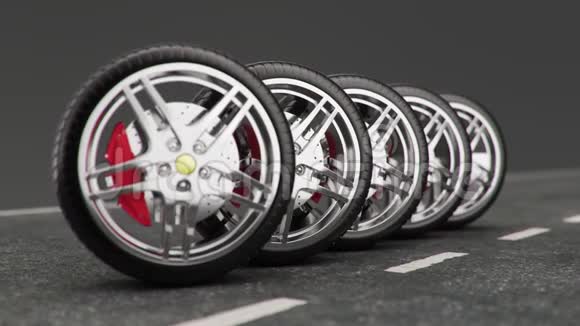 背景路上的汽车轮胎冬季轮胎概念更换车轮道路安全概念4k三维动画视频的预览图