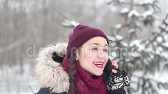 年轻漂亮的女孩站在冬天的公园里积极地在智能手机上交谈视频的预览图