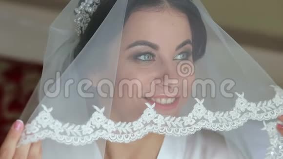 漂亮的新娘肖像早上在房间里化妆头上蒙着面纱视频的预览图