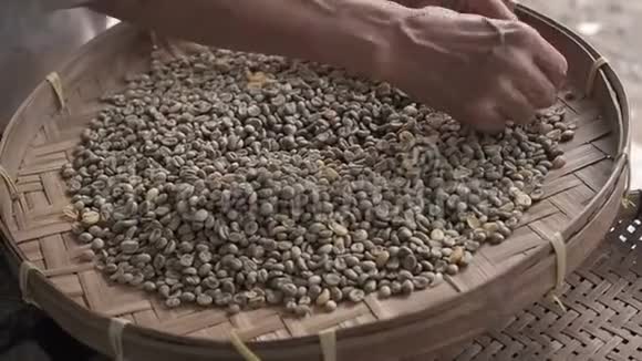 一位老妇人用圆形柳条脱粒篮或竹筛把阿拉伯咖啡豆分类的手质量视频的预览图