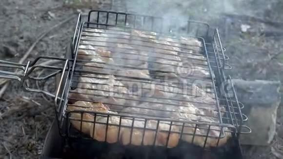 一小块多汁的肉在烤架上的煤上煮熟露天烧烤从视频的预览图
