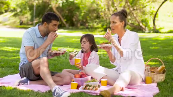 一家人在夏季公园野餐吃三明治视频的预览图
