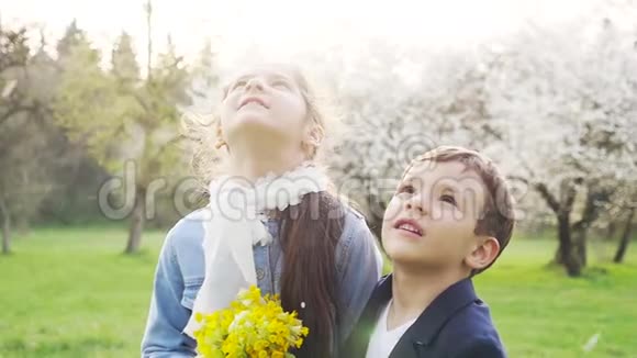 春天幼儿兄妹欣赏着大自然中从树上落下的花瓣动作缓慢生命的概念庆祝视频的预览图