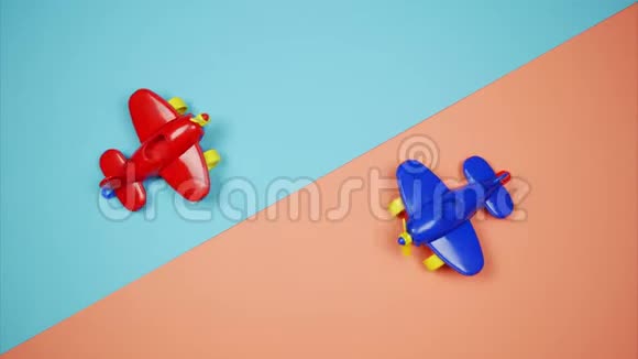 两架玩具飞机在蓝角背景上朝对角移动停止运动视频的预览图