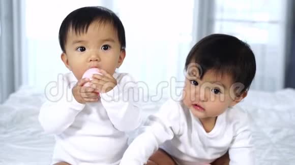 欢快的双胞胎宝宝在床上玩彩球视频的预览图
