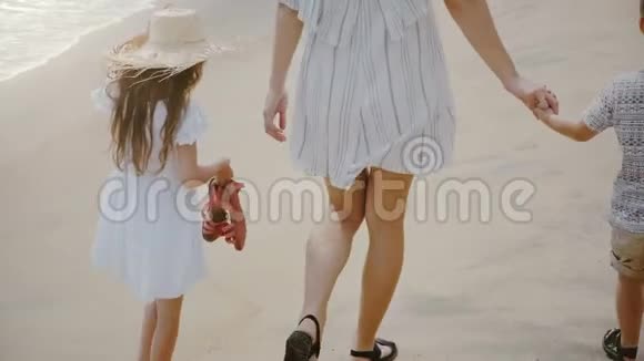 背面高角度观看快乐美丽的年轻妈妈和两个孩子一起沿着大气的沙滩散步视频的预览图