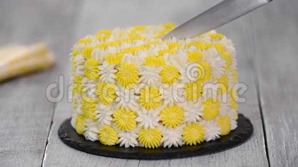 女人手切菠萝节日蛋糕视频的预览图