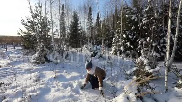 一个年轻女孩把雪洒在自己身上冬天阳光明媚的乐趣场景背景下的一片雪林视频的预览图