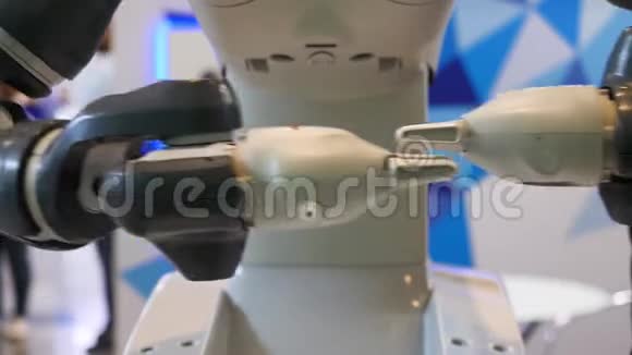 高科技自动化机器人在世博会上移动双手展示了各国的成就媒体关闭视频的预览图