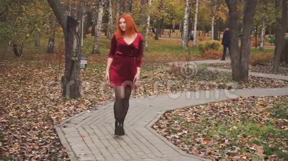 红发女孩走在公园的人行道上视频的预览图