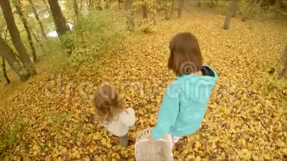 孩子们沿着黄色的叶子走视频的预览图